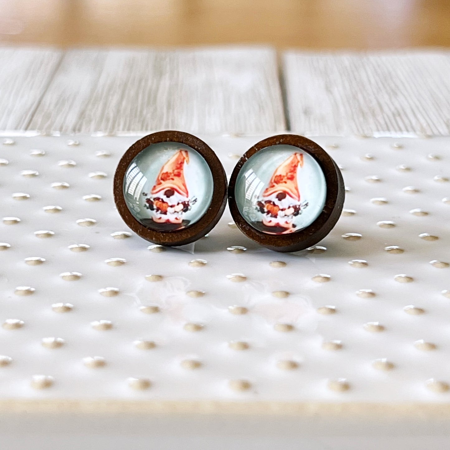 Gnome Pumpkin Stud Earrings – Whimsical Fall Harvest Jewelry in Wood