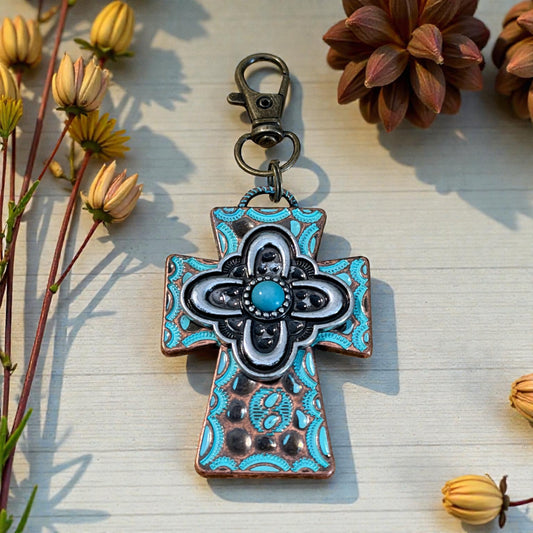 Turquoise Cross Purse Charm – Rustic Western Faith Accessory