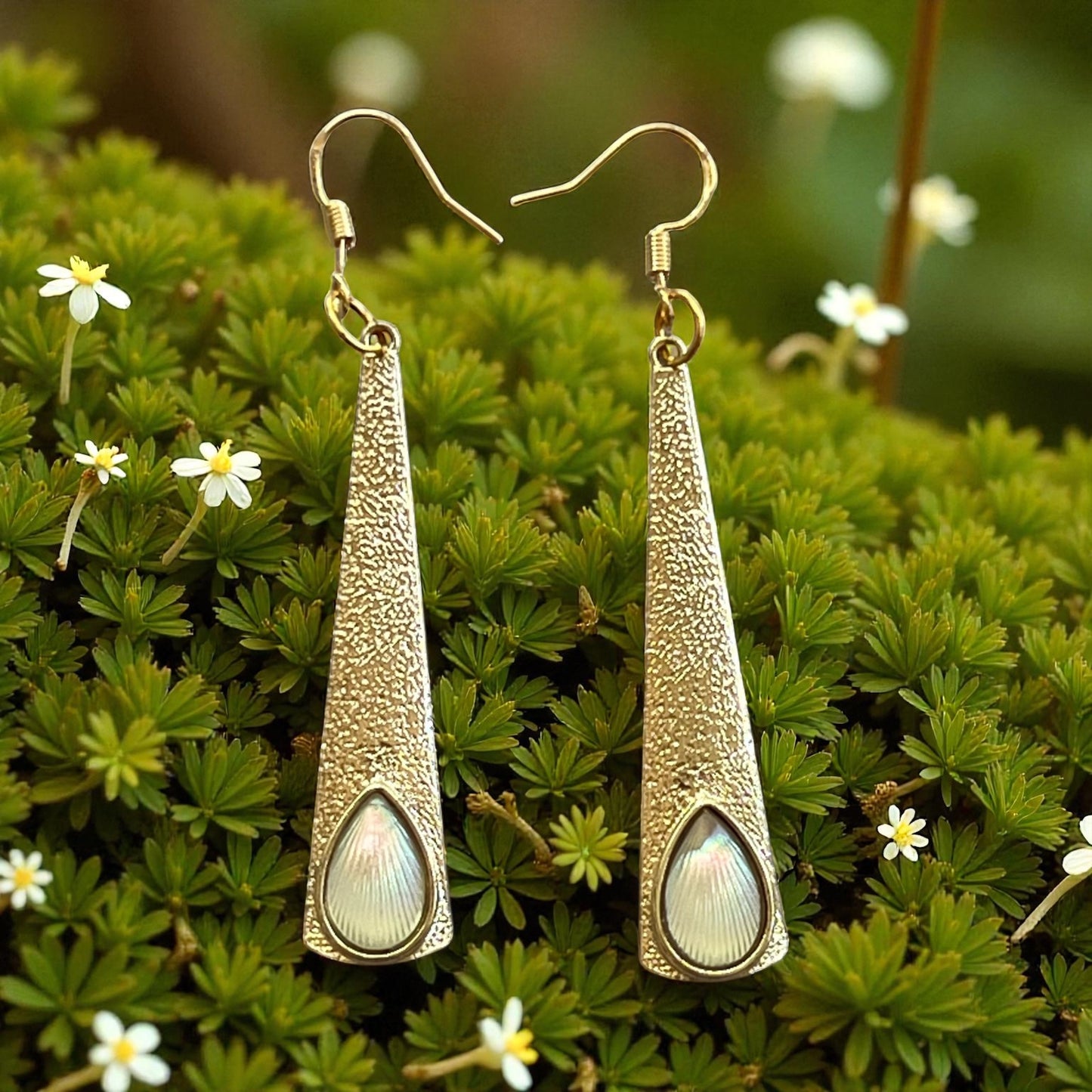 Textured Gold Teardrop Earrings – Iridescent Shell Dangles