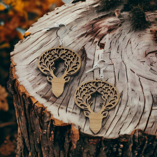 Woodland Deer Antler Earrings – Intricate Boho Forest Jewelry in Wood
