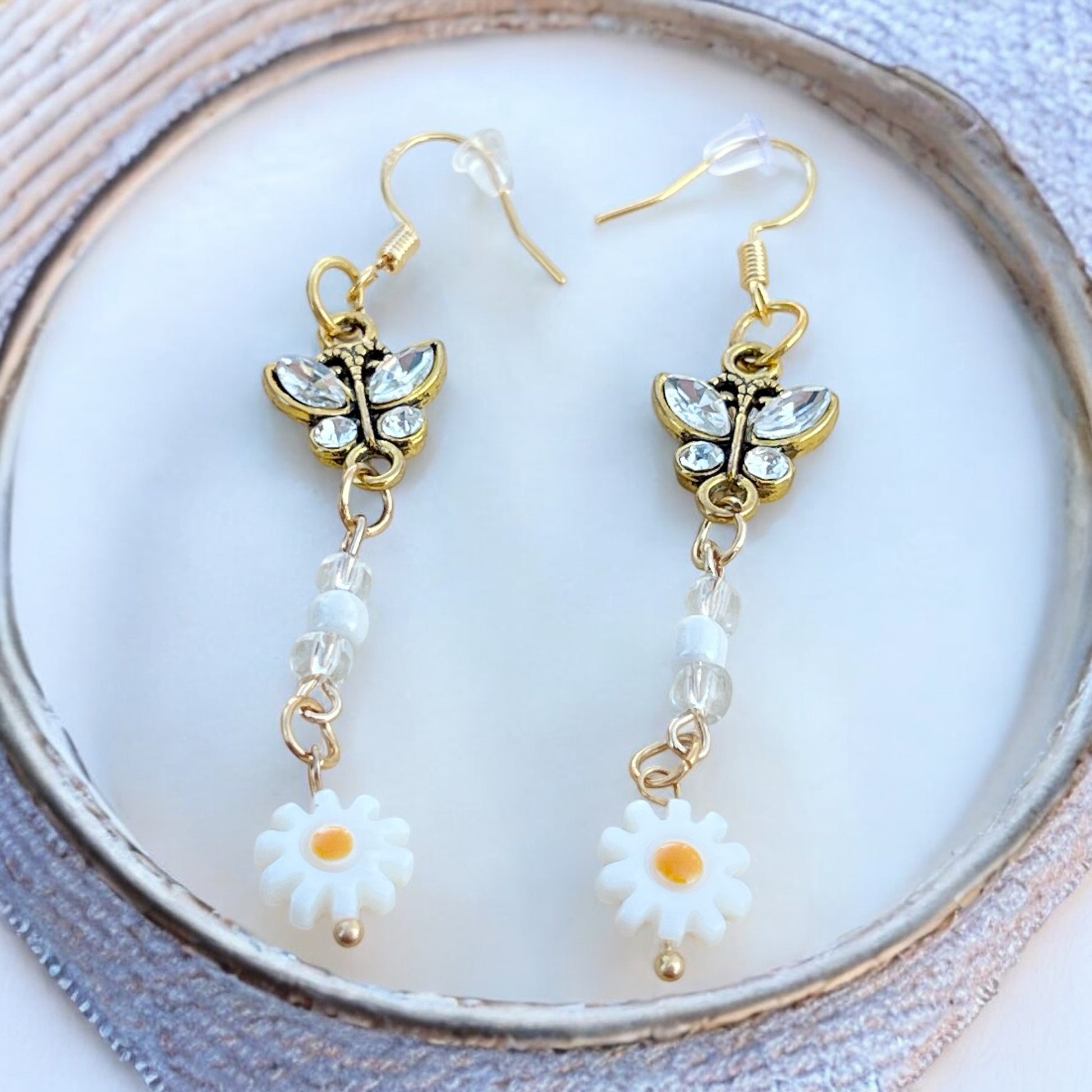 Butterfly & Daisy Earrings – Handmade Gold Floral Dangles