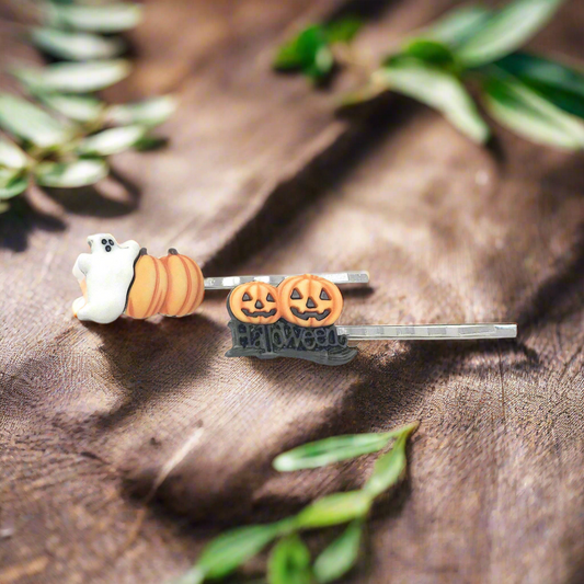 Halloween White Ghost & Pumpkin Hair Pins - Spooky Bobby Pins