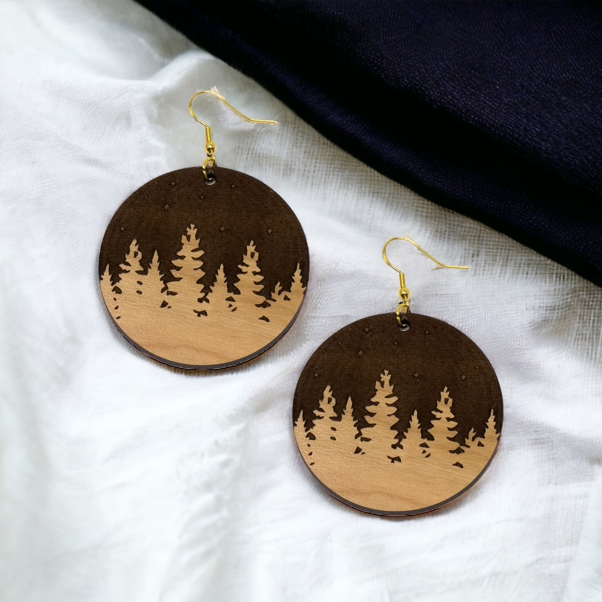 Starry Forest Circle Earrings – Dark Wood Nighttime Tree Line Jewelry