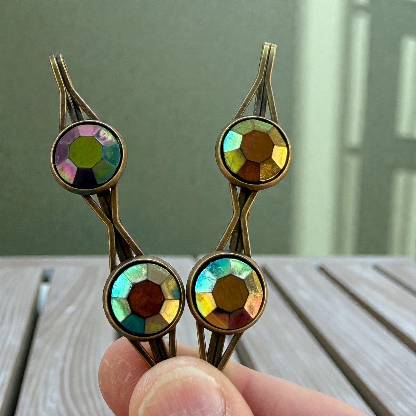 Rainbow Iridescent Bronze Hair Pins – Gem Bobby Pin Set for Women
