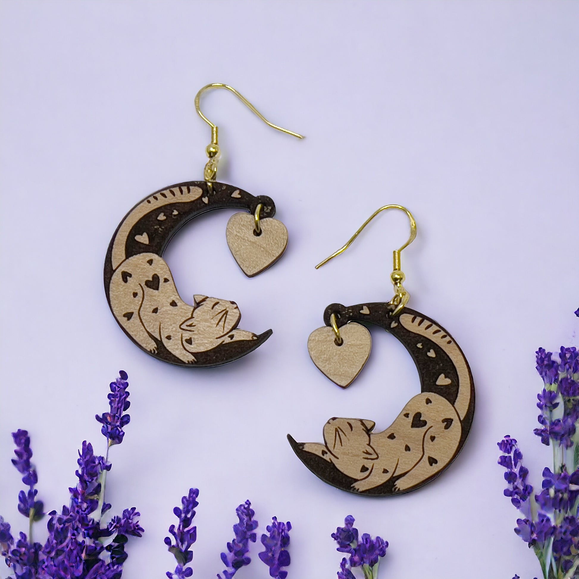Customizable Valentines Wood Crescent Moon Cat Heart Earrings, Personalized Handcrafted Dangle Earrings, Cute Gifts for Cat Lover Girlfriend