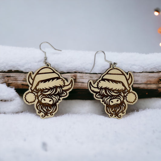 Highland Cow Santa Earrings – Funny Holiday Wooden Christmas Jewelry