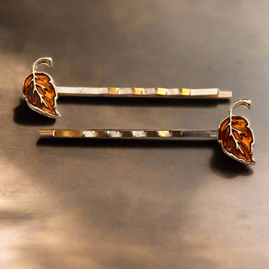 Amber Orange Enamel Leaf Hair Pins – Autumn Botanical Hair Pin Set