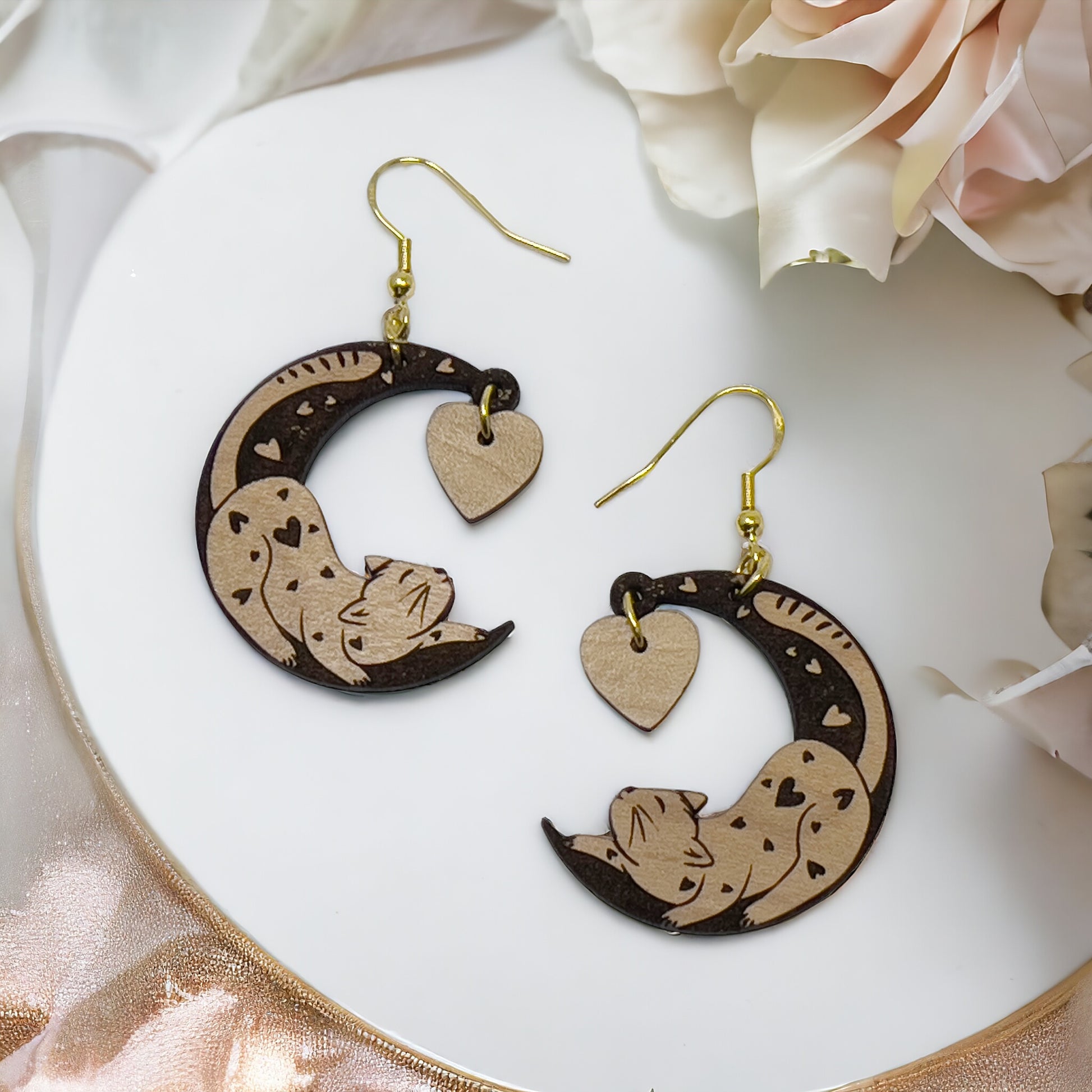 Customizable Valentines Wood Crescent Moon Cat Heart Earrings, Personalized Handcrafted Dangle Earrings, Cute Gifts for Cat Lover Girlfriend
