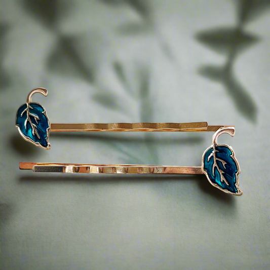 Blue Enamel Leaf Hair Pins – Gold Nature-Inspired Fall Hair Accessories