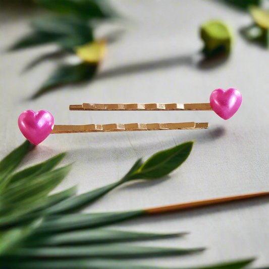 Bright Pink Heart Hair Pins - Valentines Day Bobby Pin Set of 2