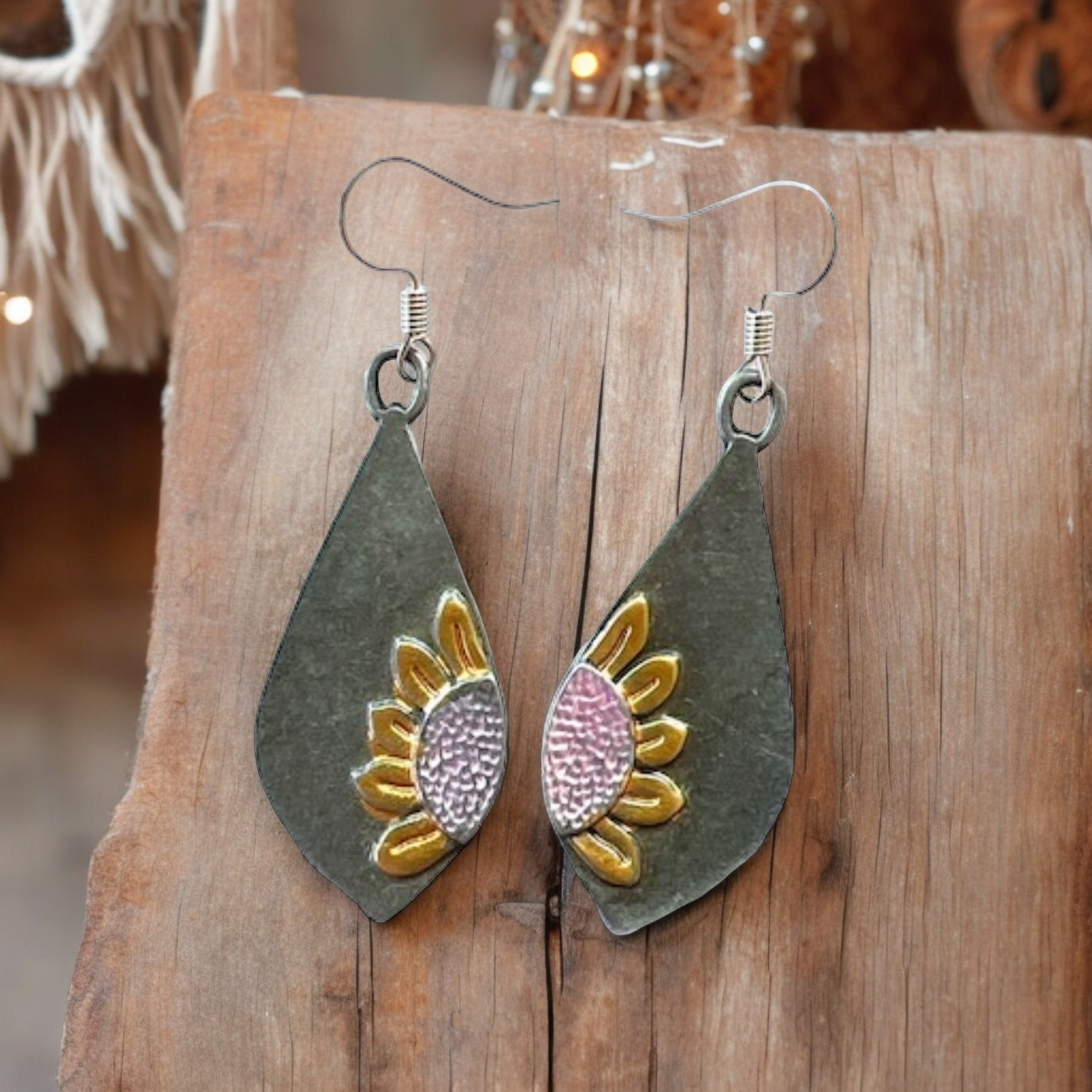 Teardrop Silver Earrings – Sunflower Nature-Inspired Jewelry