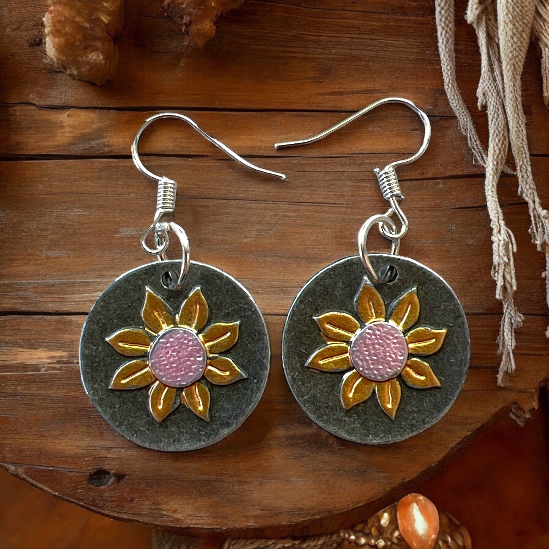 Round Silver Earrings with Sunflowers: Nature-Inspired Accessories