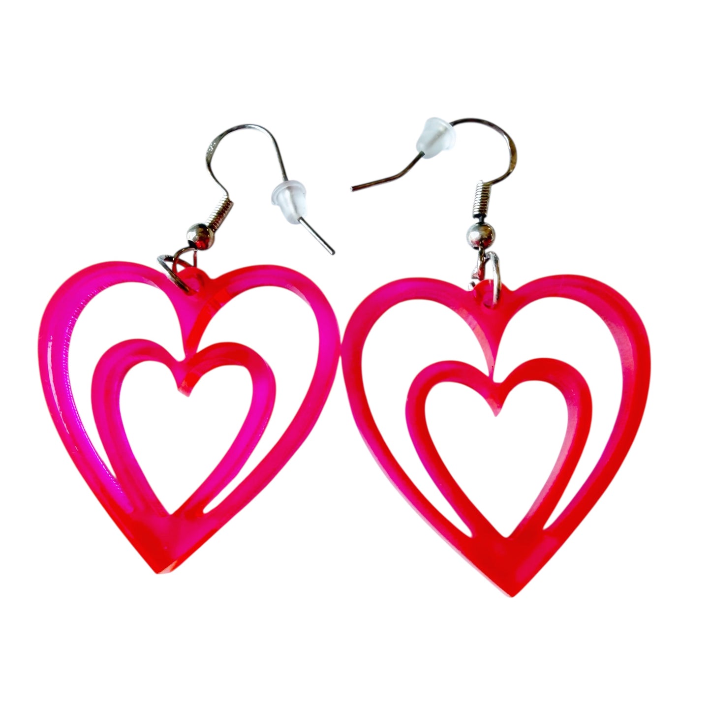 Neon Pink Double Heart Acrylic Earrings – Retro Statement Jewelry