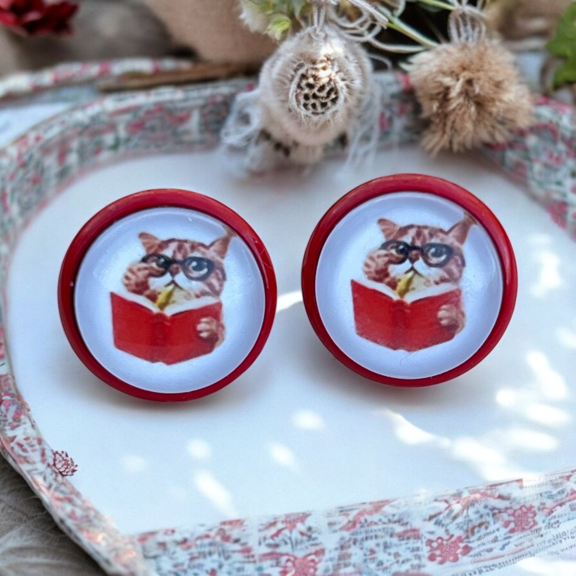 Bookish Cat Stud Earrings – Handmade Gift for Readers