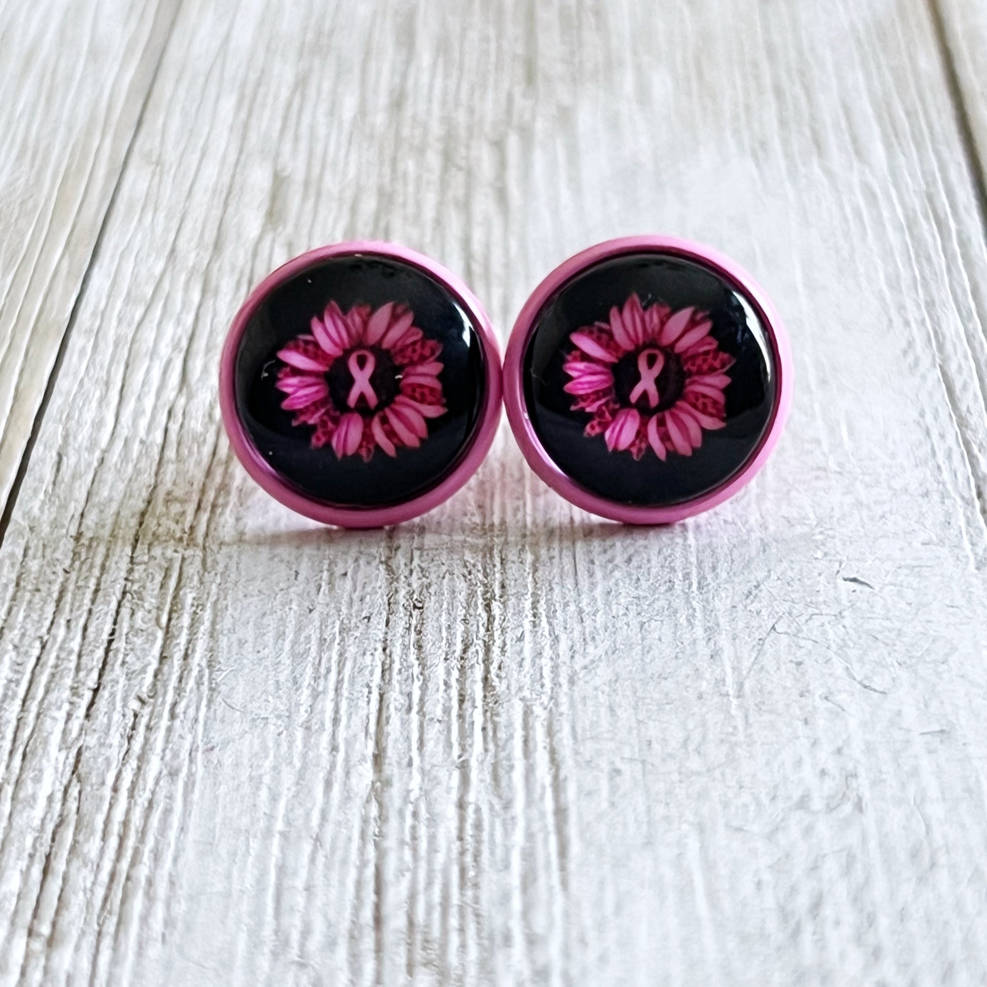 Pink Flower & Ribbon Stud Earrings – Breast Cancer Awareness Jewelry