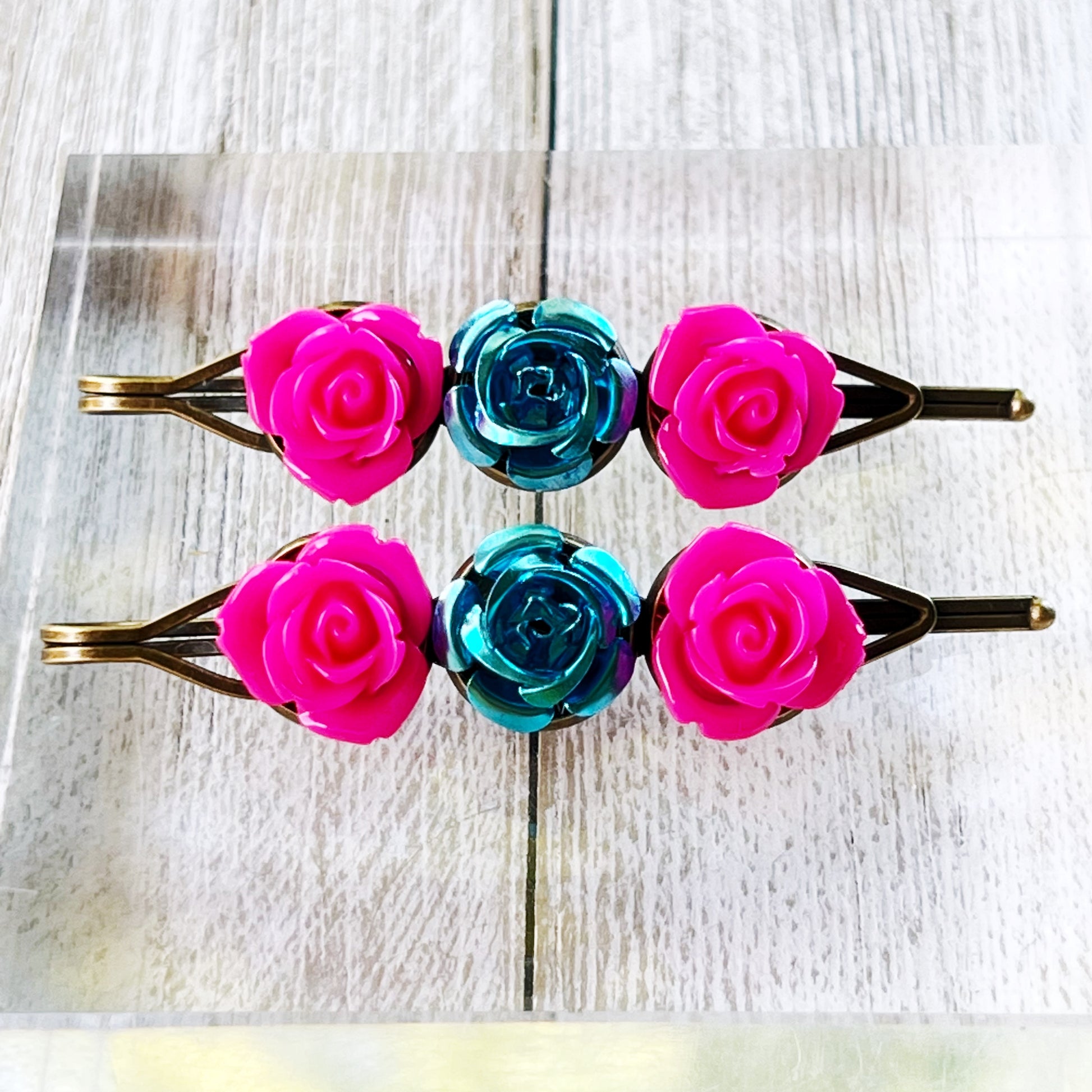 Hot Pink & Teal Rose Hair Pins – Bold Floral Hair Clips with Metallic Accent