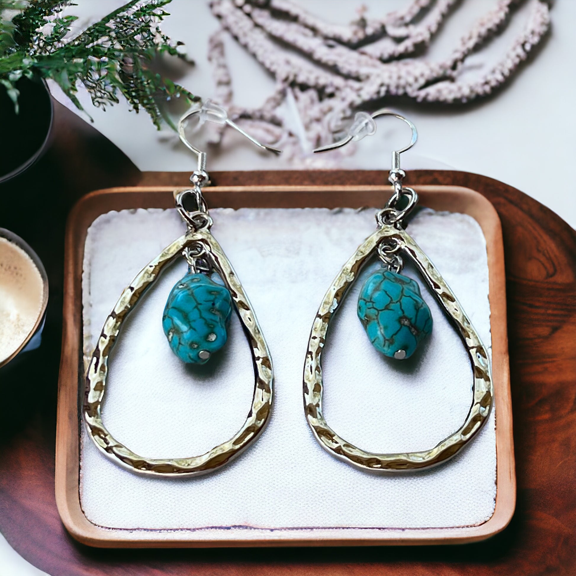 Hammered Teardrop Earrings – Turquoise Boho Western Jewelry