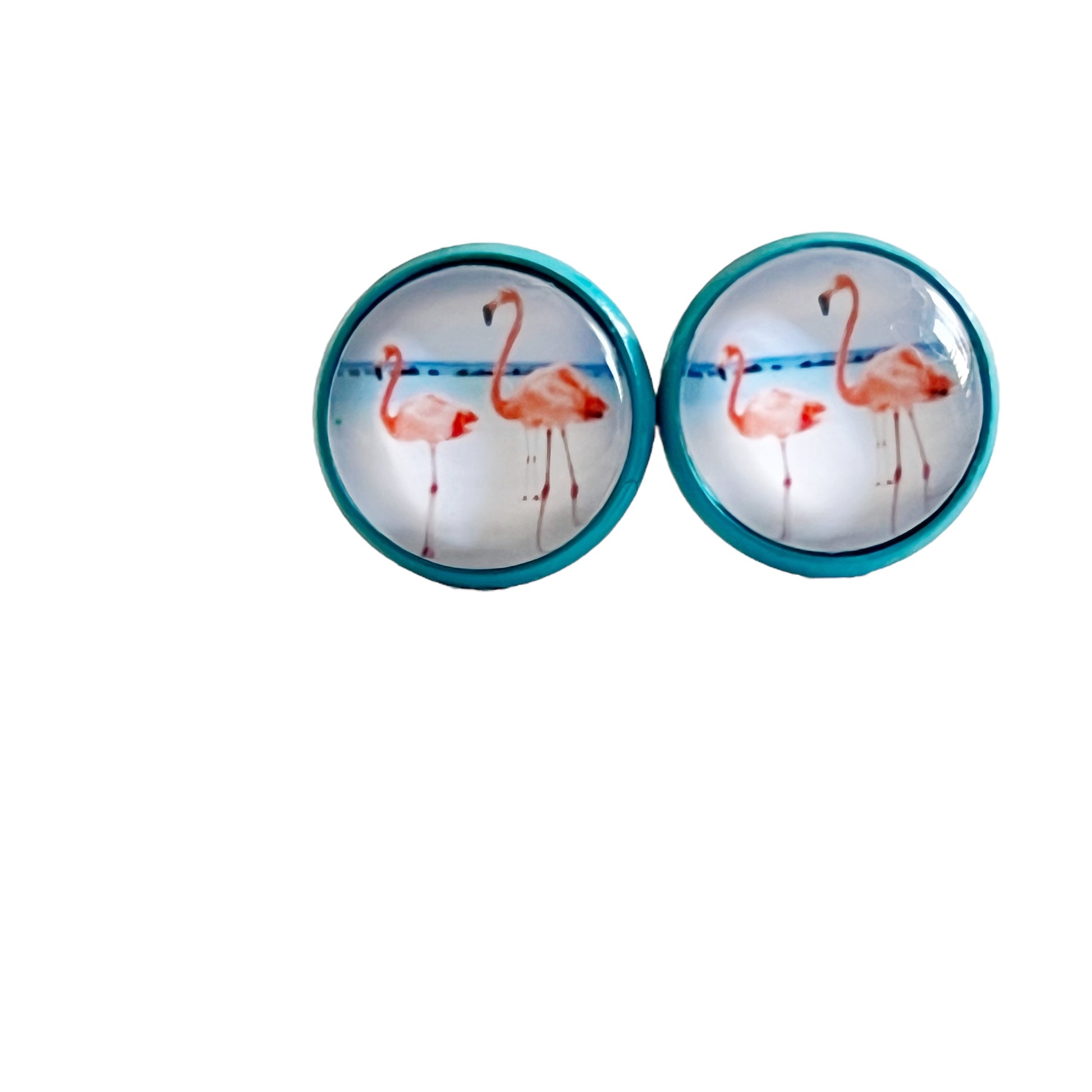 Flamingo Stud Earrings – Tropical Beach Jewelry in Teal Bezel Setting