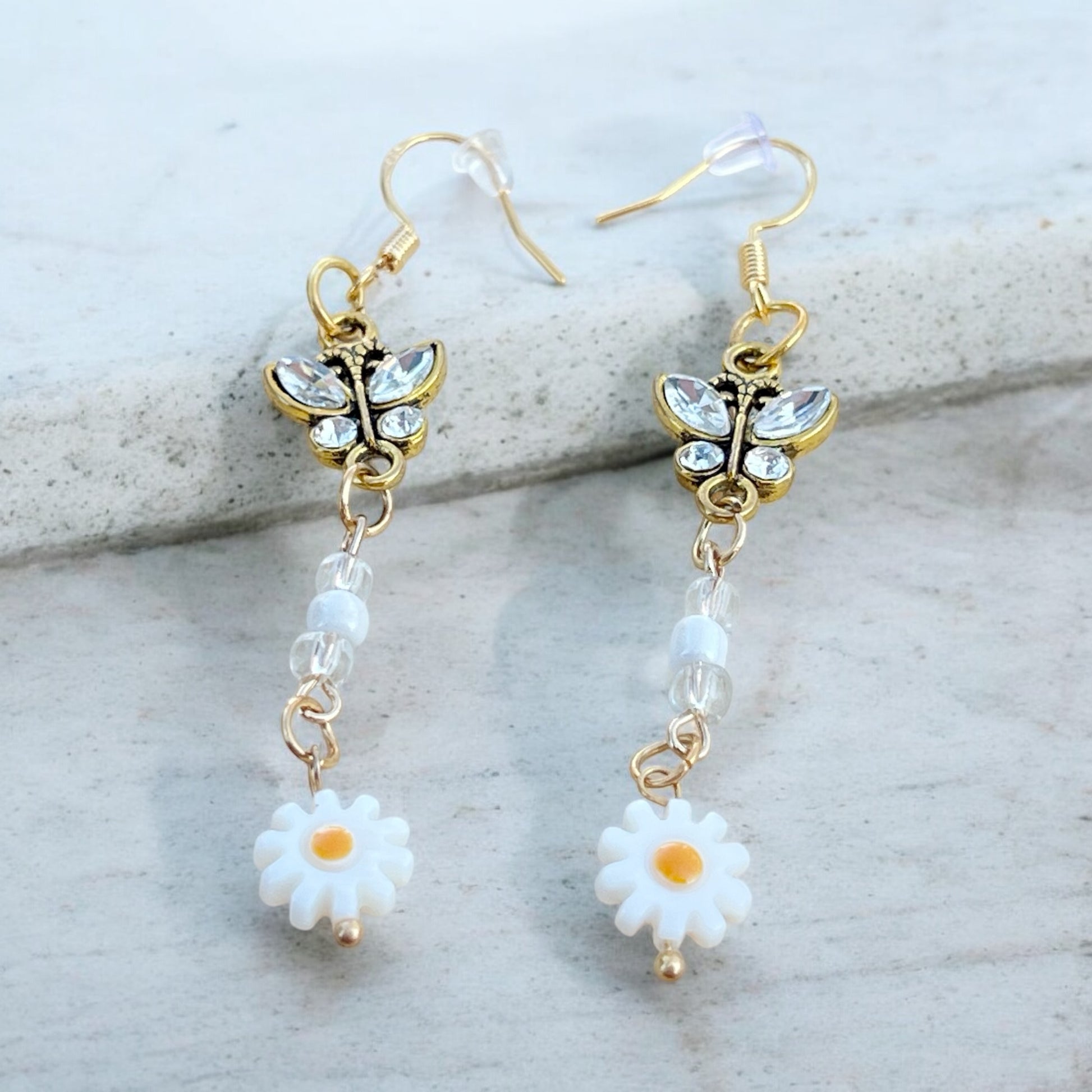 Butterfly & Daisy Earrings – Handmade Gold Floral Dangles