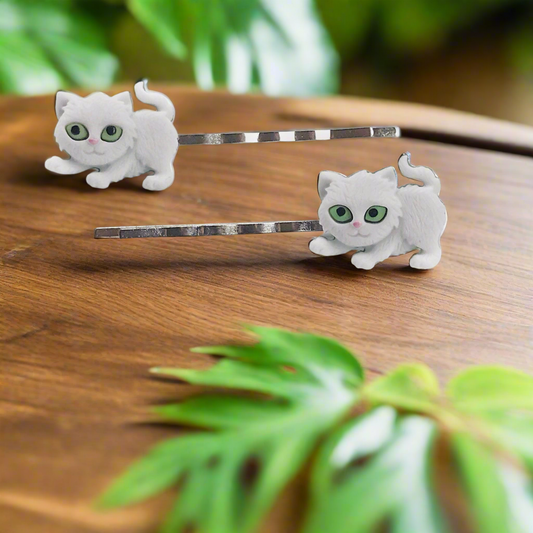 White Cat Hair Pins for Women - Set of 2 Feline Bobby Pins