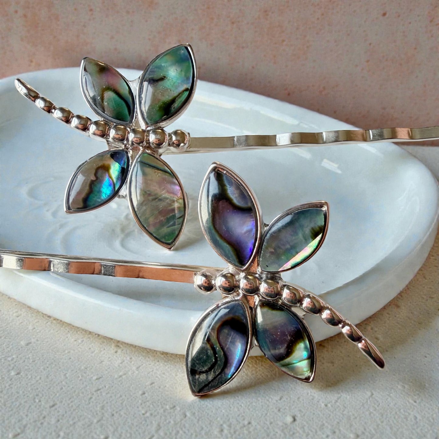 Abalone & Silver Dragonfly Hair Pin Set – Natural Shell Bobby Pins for Women