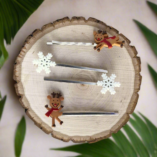 Snowflake & Reindeer Hair Pins -  Winter Christmas Bobby Pins