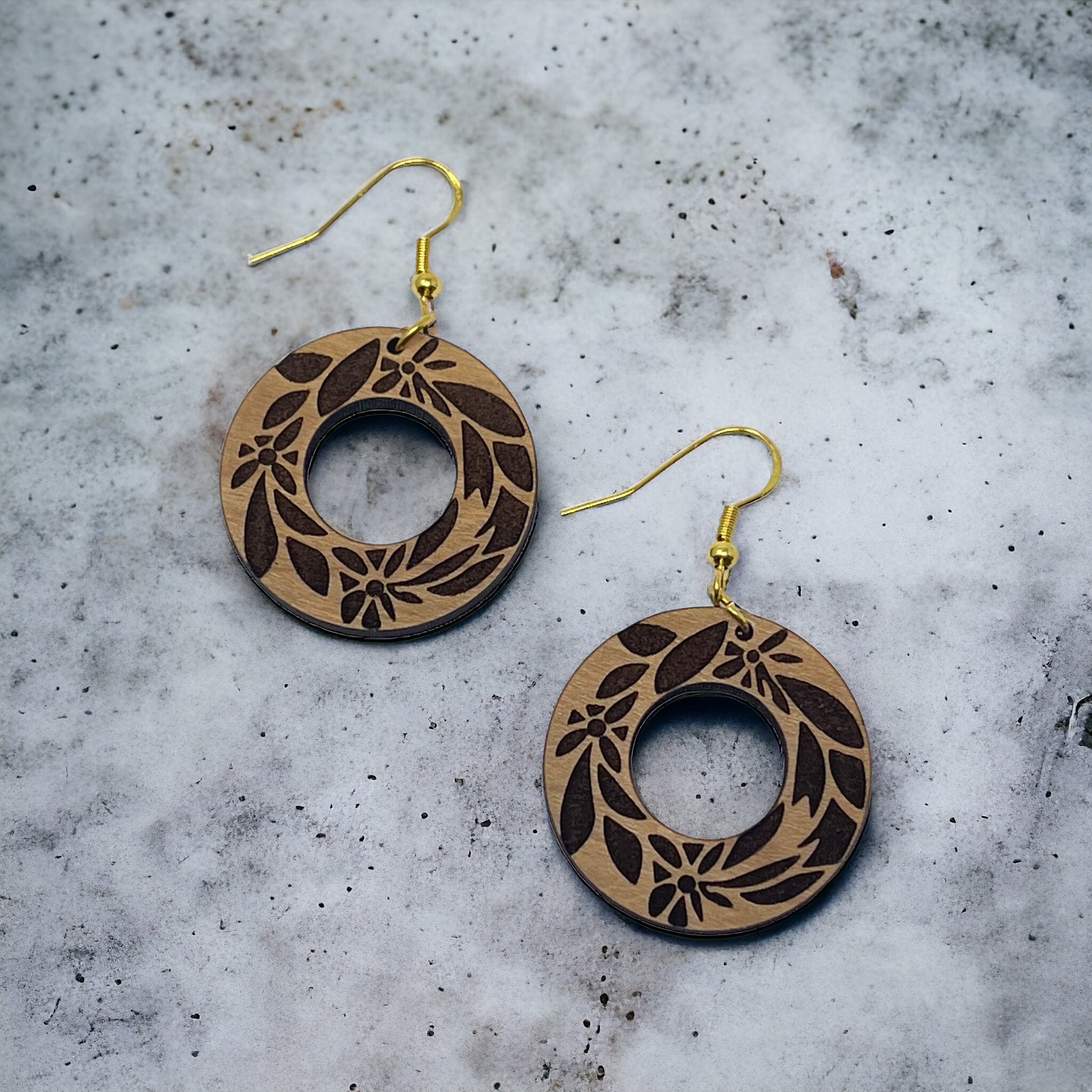 Etched Floral Circle Wood Earrings – Lightweight Boho Botanical Jewelry