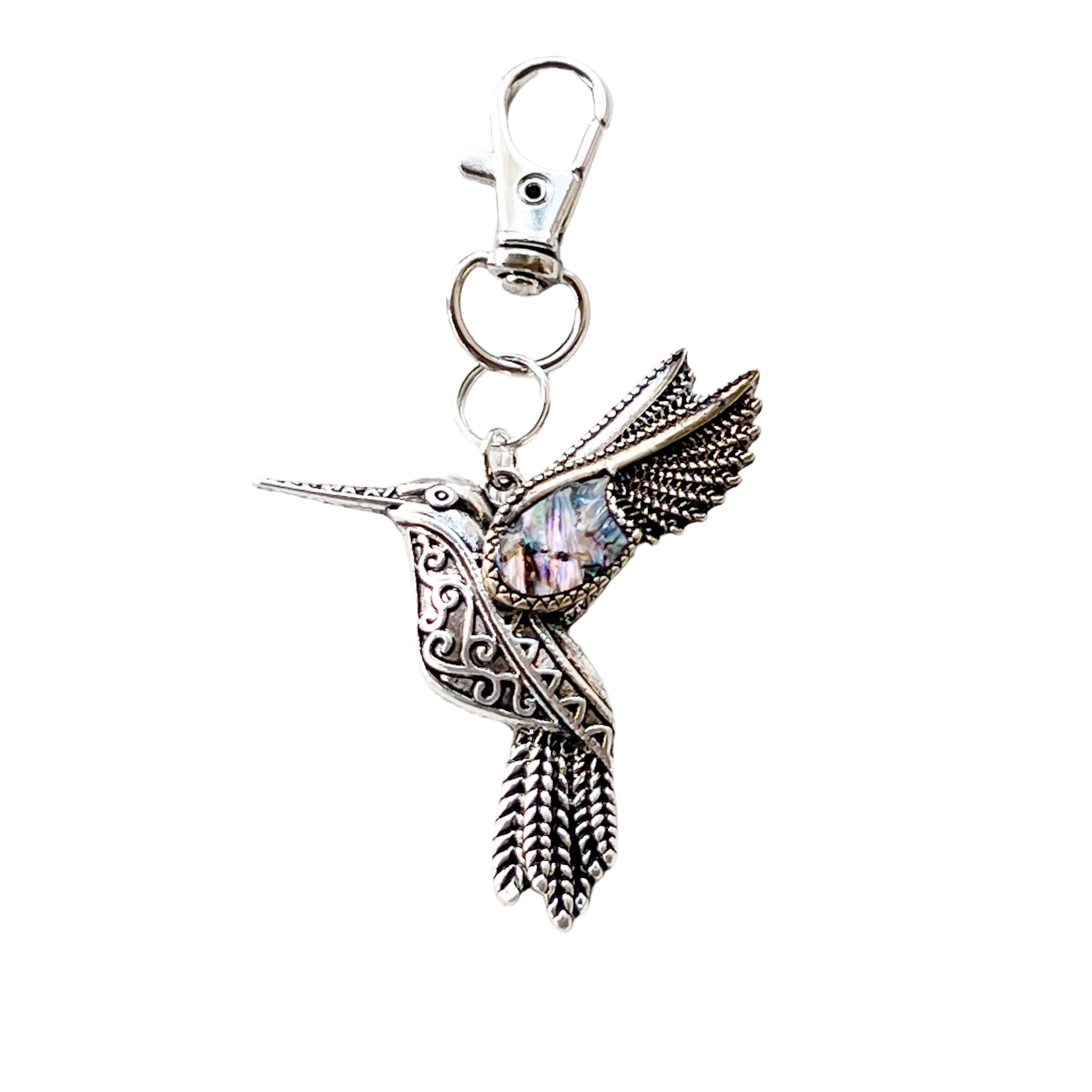 Abalone Hummingbird Purse Charm – Silver Bird Keychain with Etched Boho Details