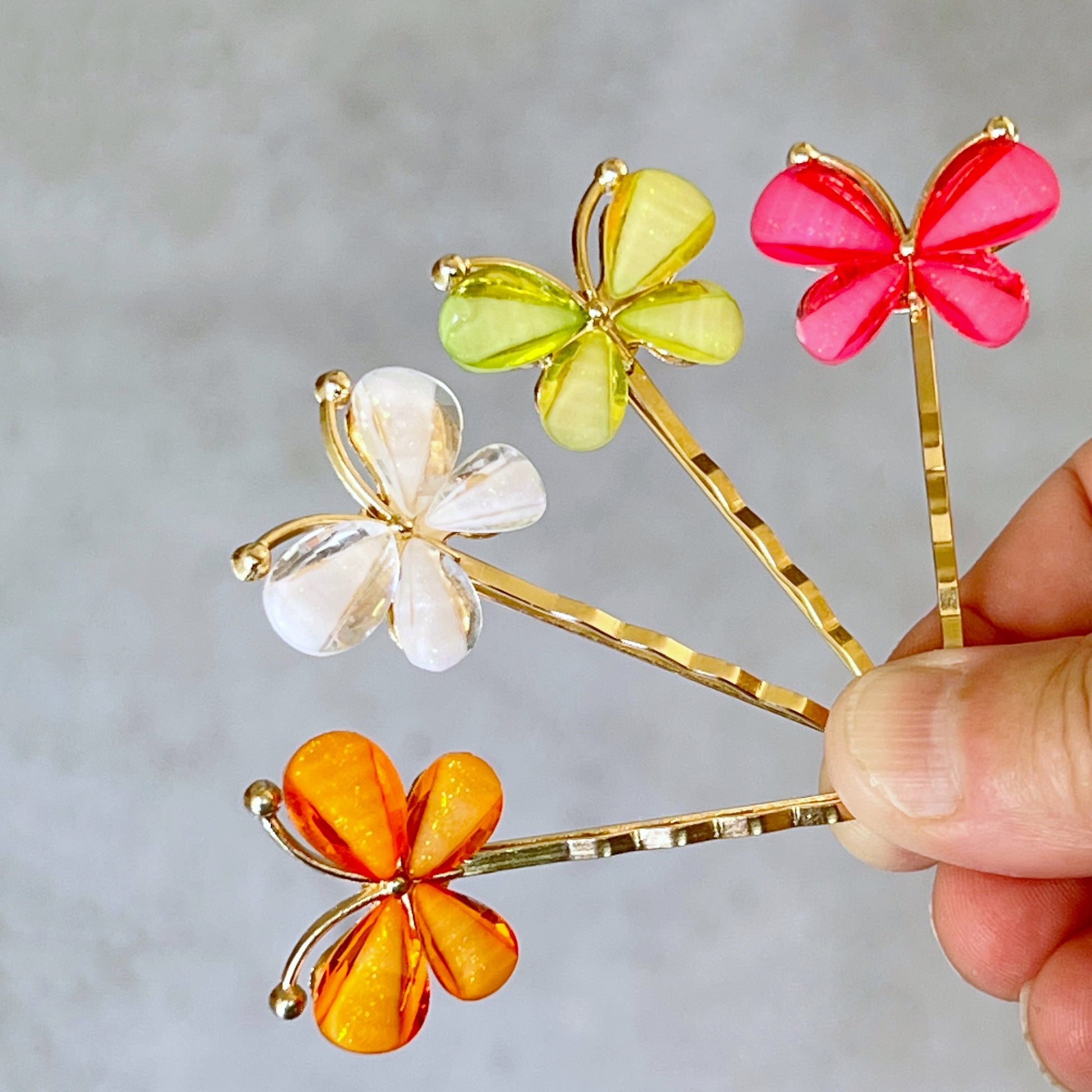 Colorful Butterfly Hair Pins – Glitter Resin Clips in Gold Set of 4