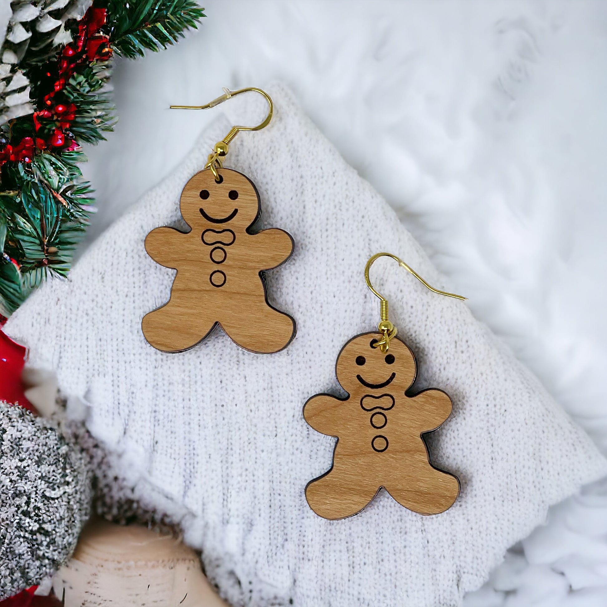 Gingerbread Man Wood Earrings – Cute Holiday Christmas Cookie Jewelry