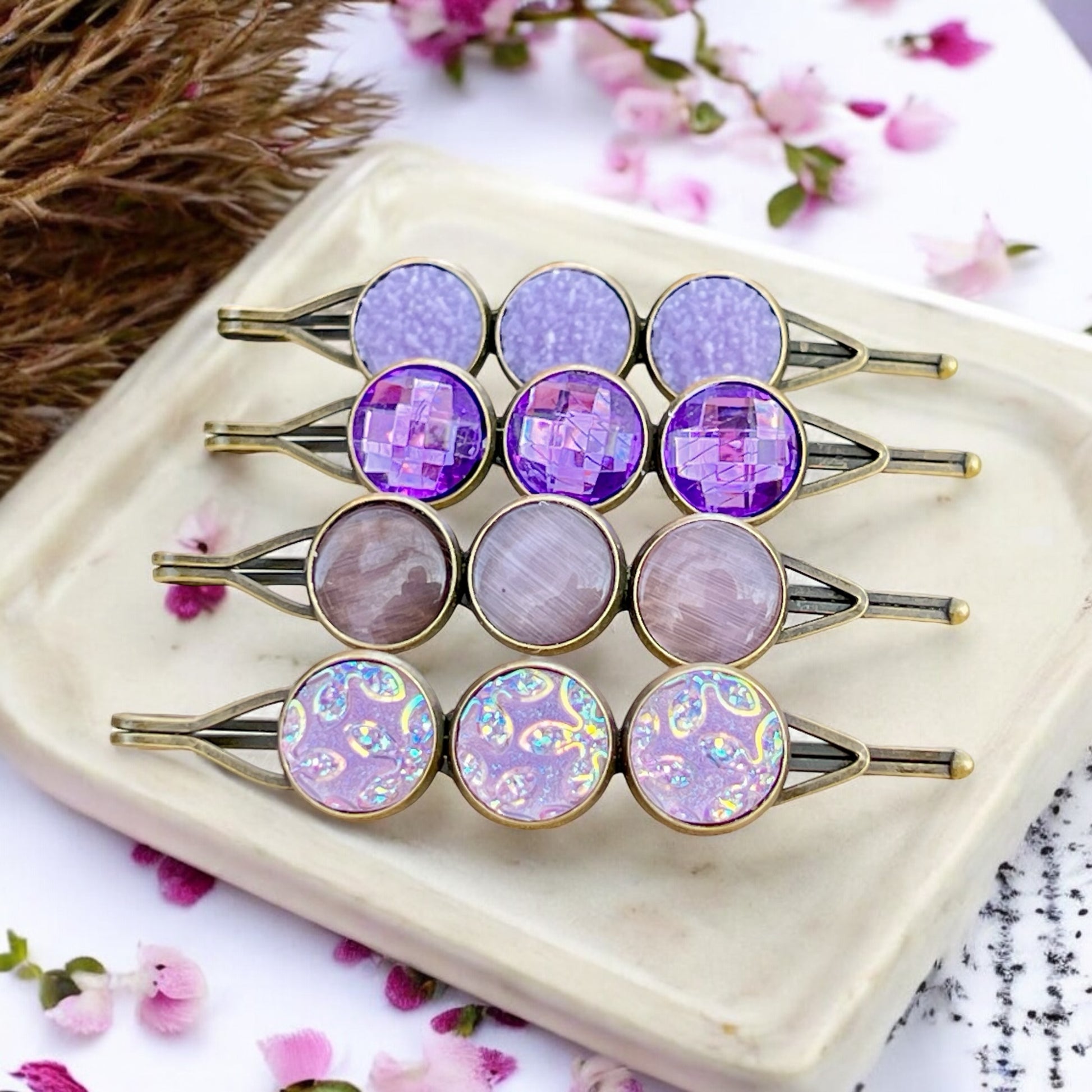 Purple Druzy Hair Pins – Set of 4 Sparkly Boho Accessories