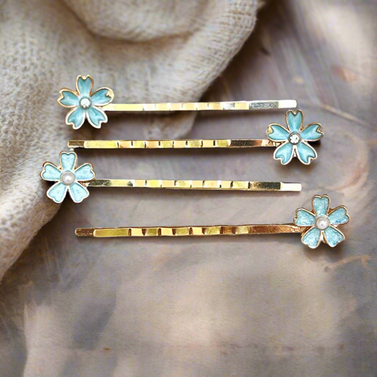 Blue Flower Hair Pins – Set of 4 Elegant Pearl Accessories