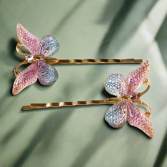 Large Acrylic Butterfly Hair Pins: Vibrant Pink, Blue & Gold tones with Rhinestone Accents