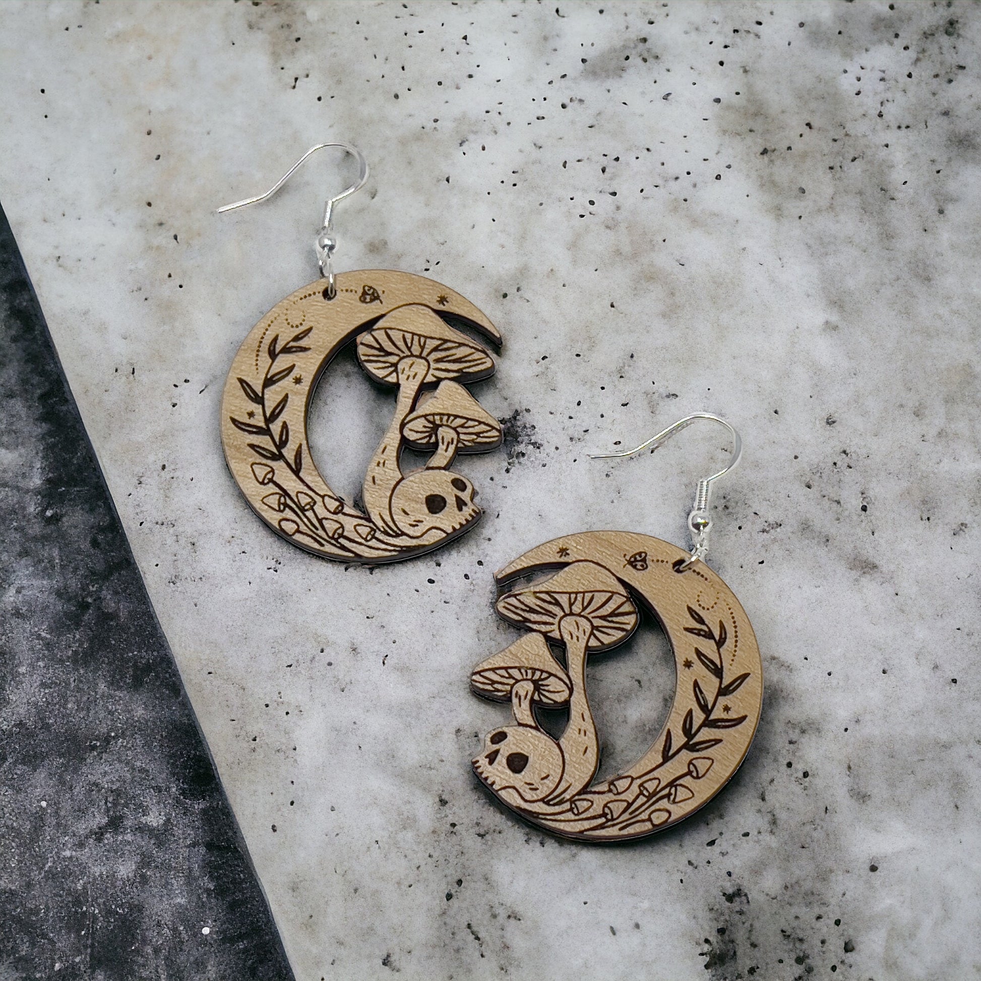Mushroom Skull Moon Earrings – Woodland Whimsy Boho Statement Jewelry