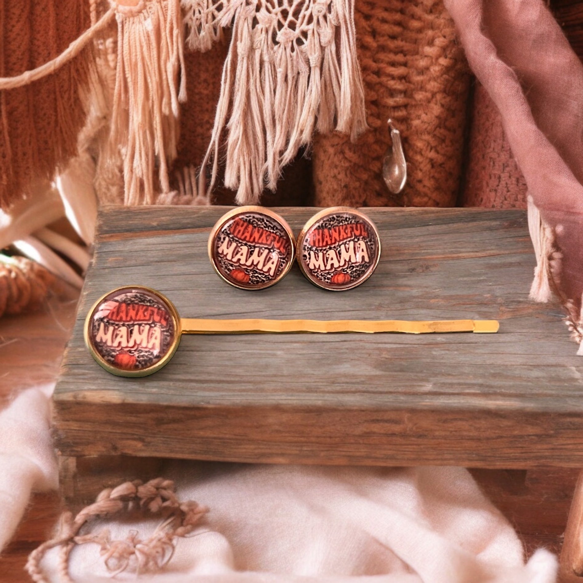 Thankful Mama Fall Thanksgiving Gold Hair Pin & Earring Set