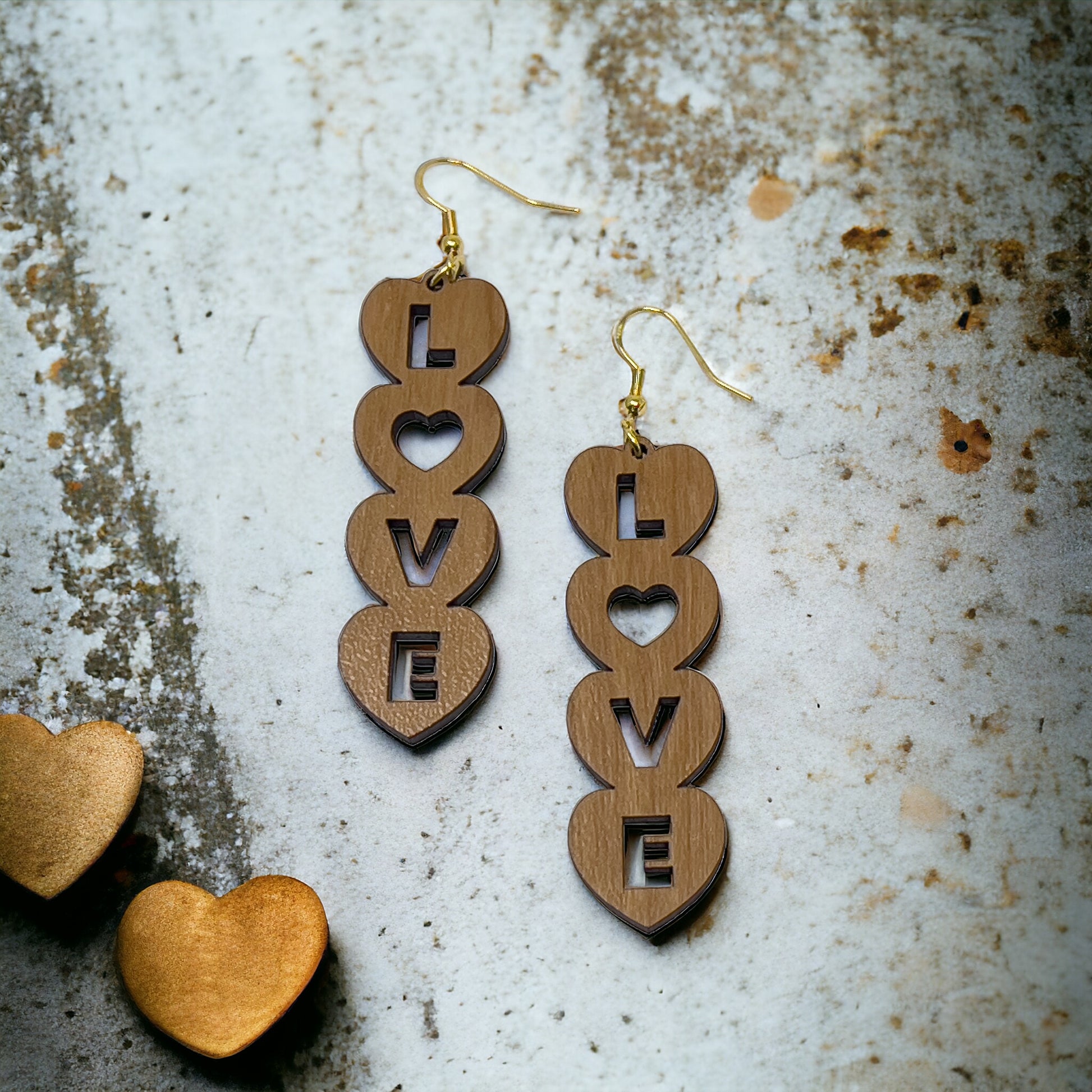 Stacked LOVE Heart Earrings – Bold Wooden Valentine’s Jewelry