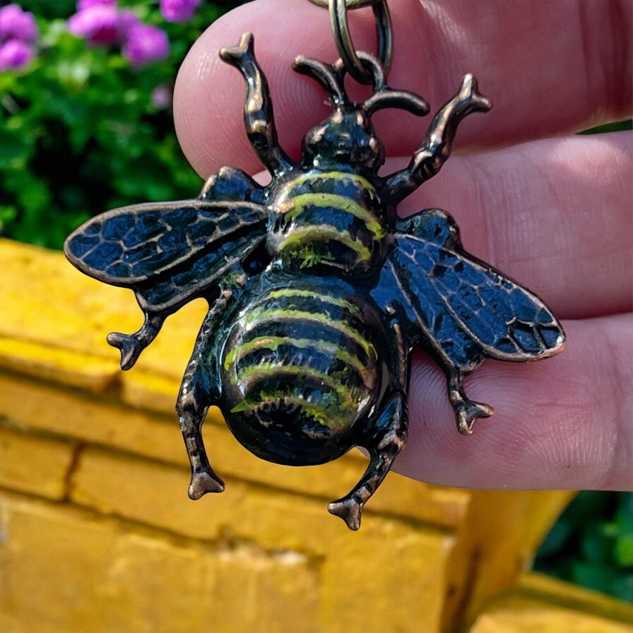 Hand Painted Bee Purse Charm – Vintage Copper Bee Keychain
