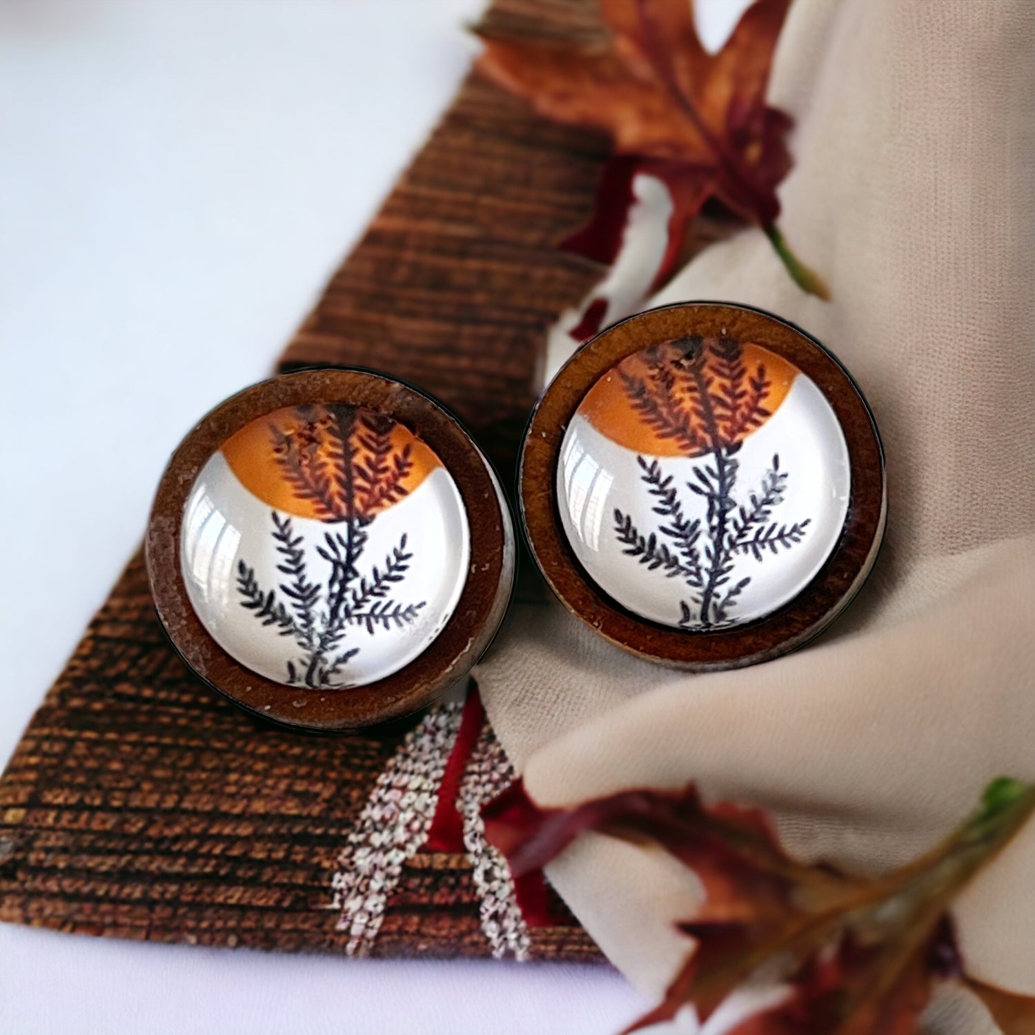Sunset Botanical Stud Earrings – Nature-Inspired Wood Framed Jewelry