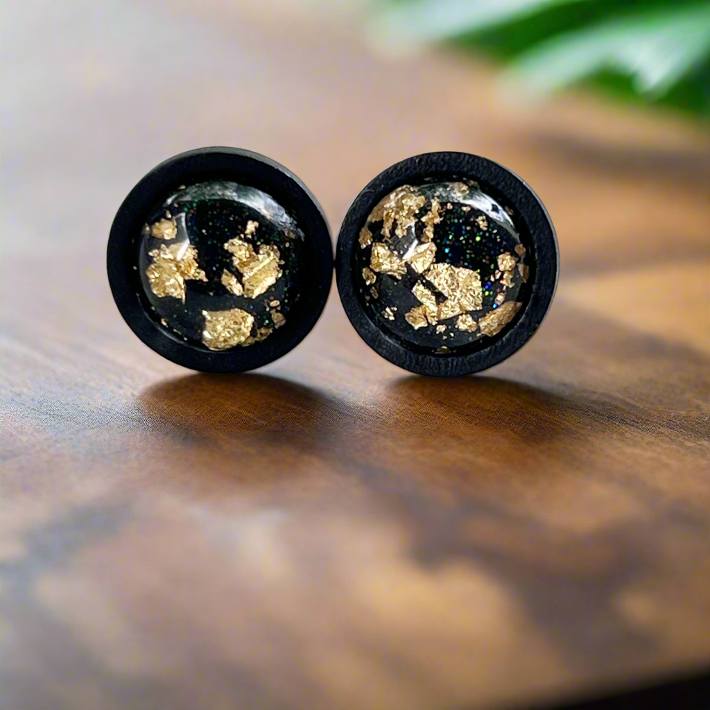 Gold Flake & Glitter Resin Stud Earrings – Black Wood Handmade Jewelry