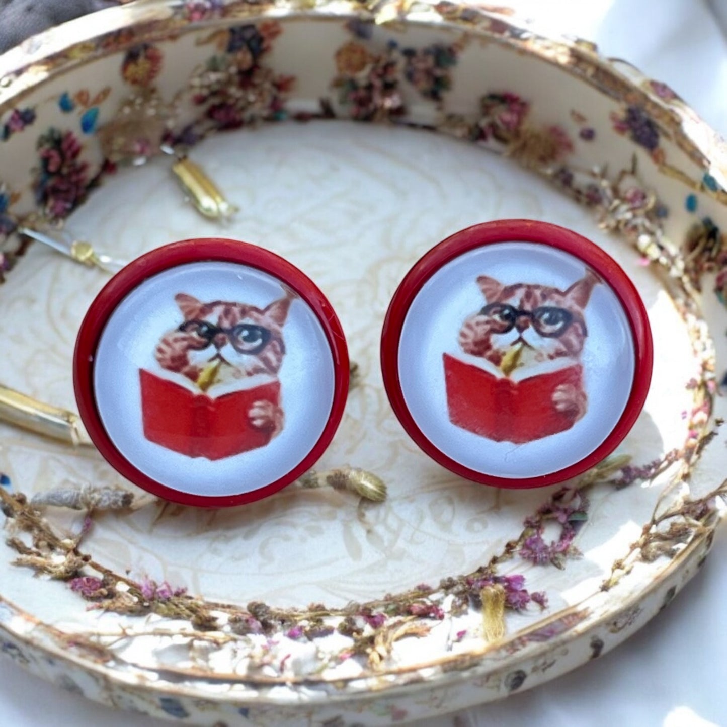 Bookish Cat Stud Earrings – Handmade Gift for Readers