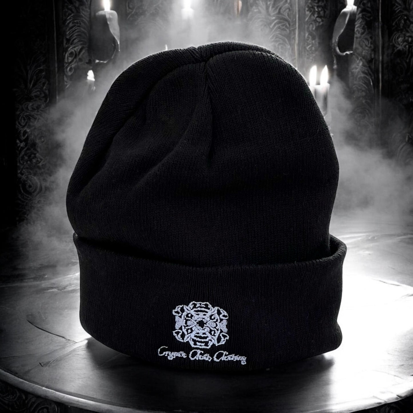 [PREORDER] Embroidered Black Beanie – Hand-Drawn – Demon Skull Streetwear Hat