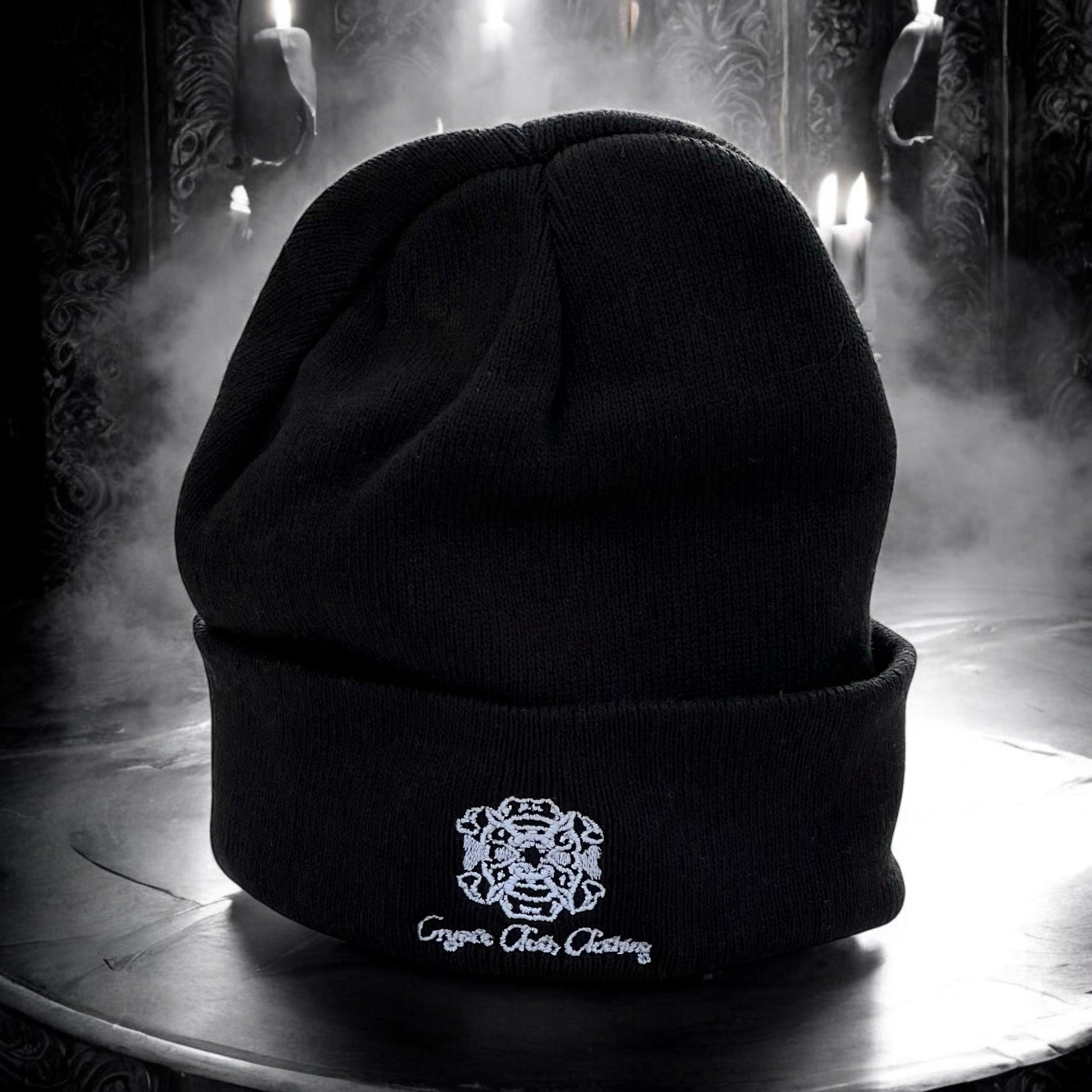 [PREORDER] Embroidered Black Beanie – Hand-Drawn – Demon Skull Streetwear Hat