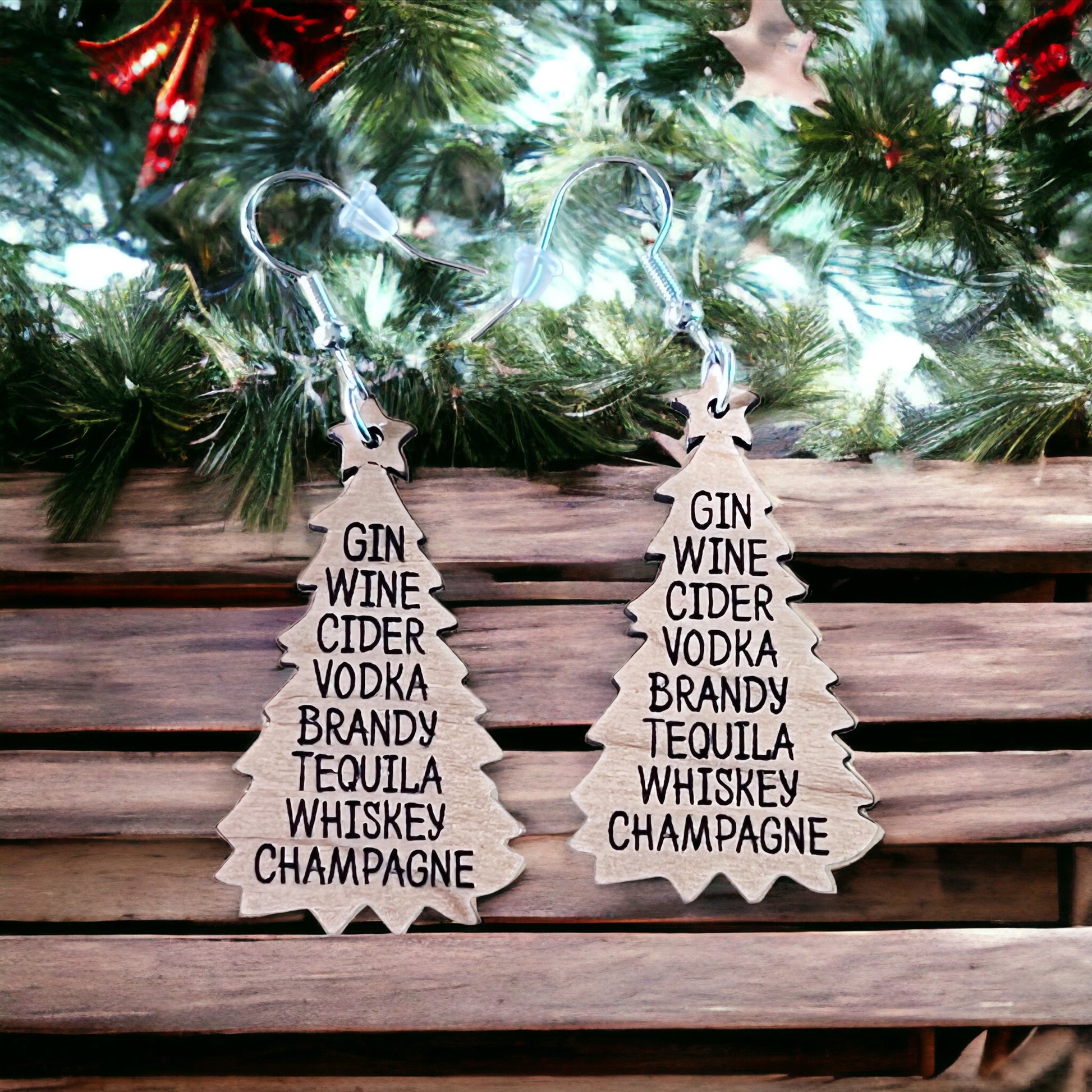 Holiday Drink List Tree Earrings – Funny Wooden Christmas Jewelry