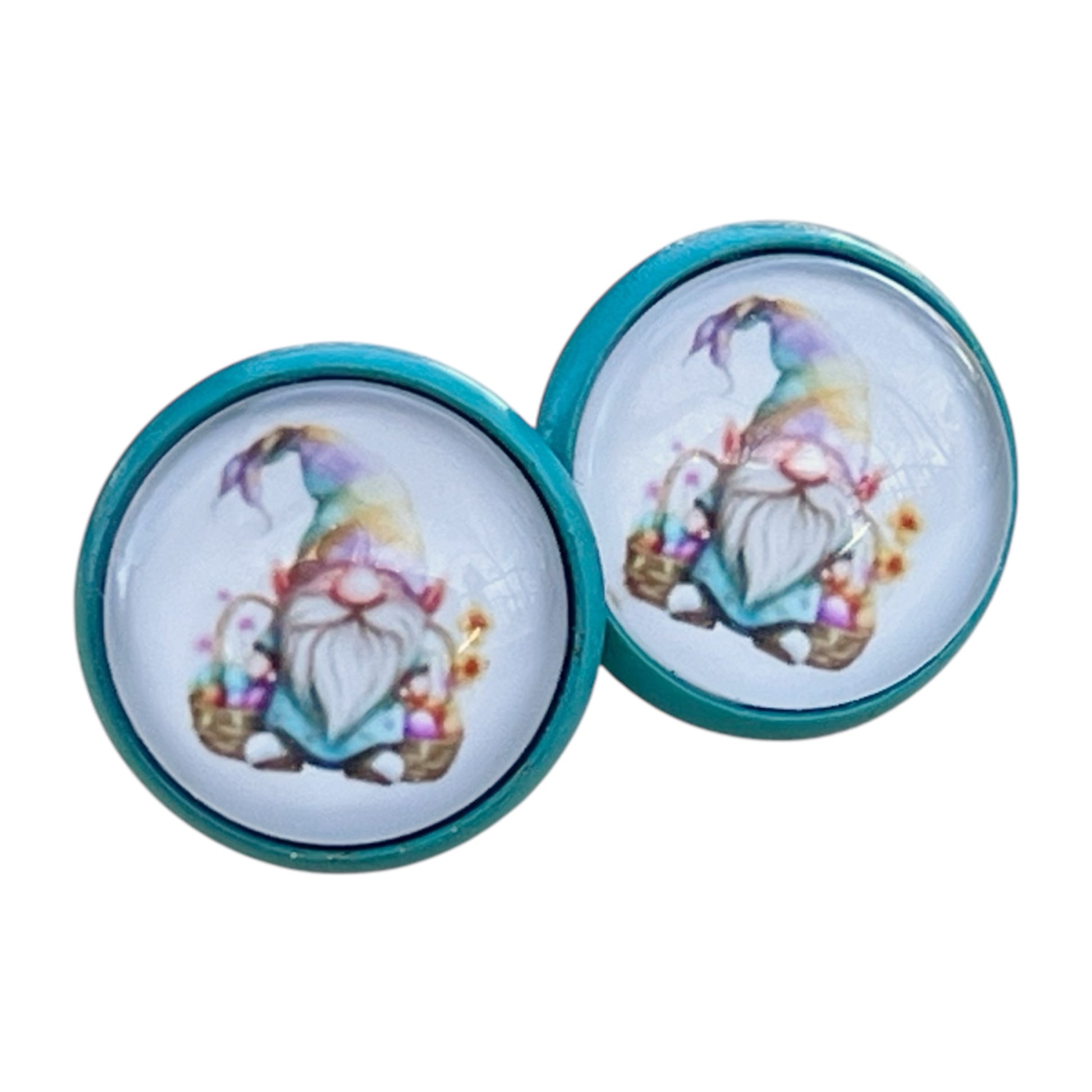 Handmade Easter Gnome Stud Earrings – 12mm Wooden Teal Edge Jewelry
