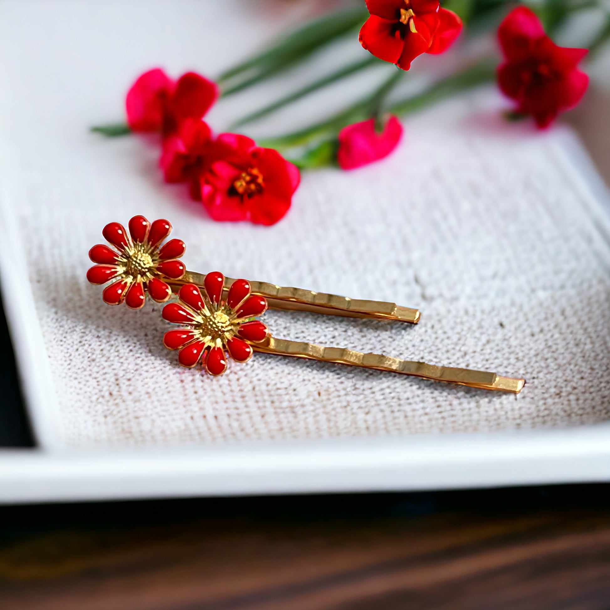 Red Wildflower Hair Pins – Set of 2 Cottagecore Accessories