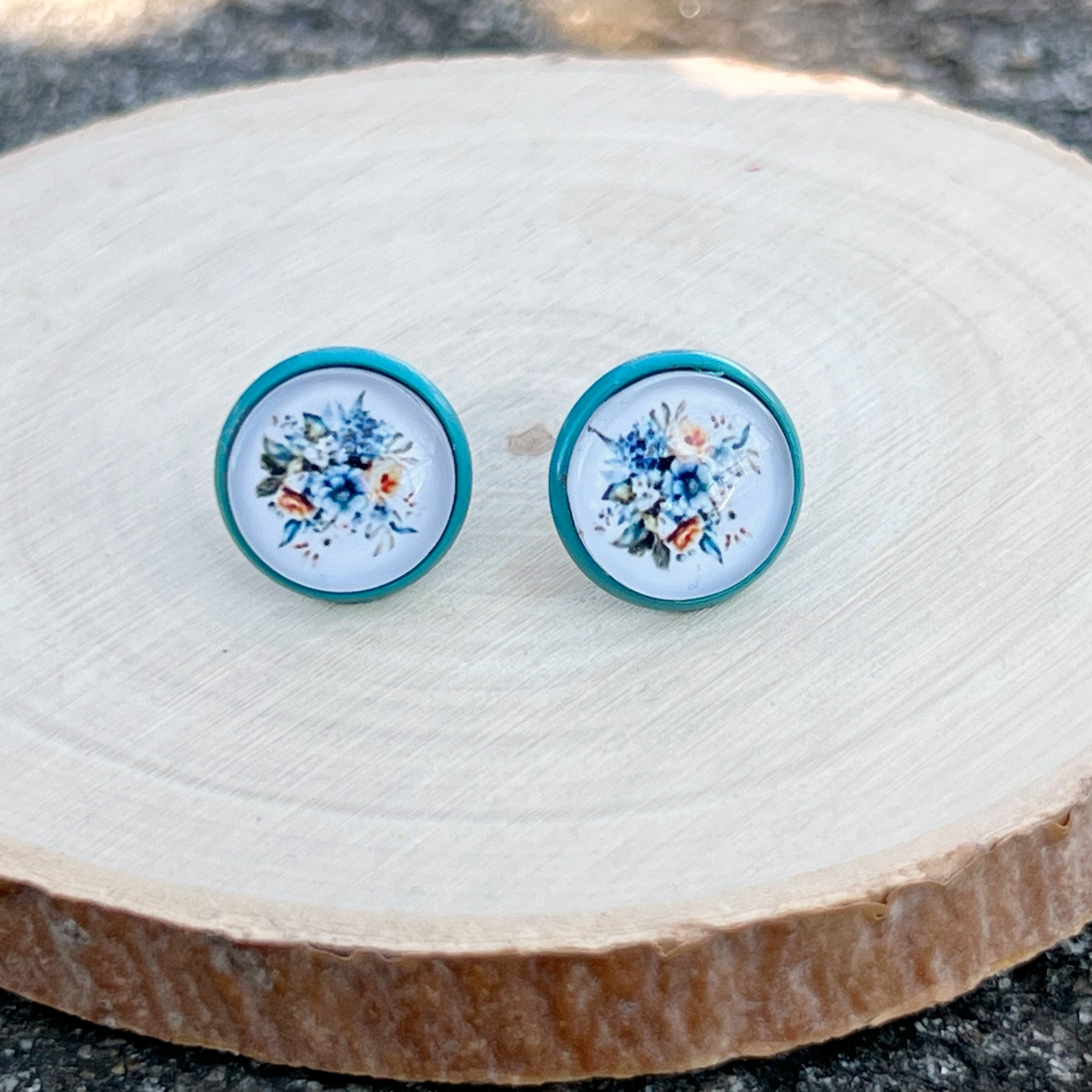 Blue Floral Stud Earrings – Handmade Vintage Cottagecore Jewelry