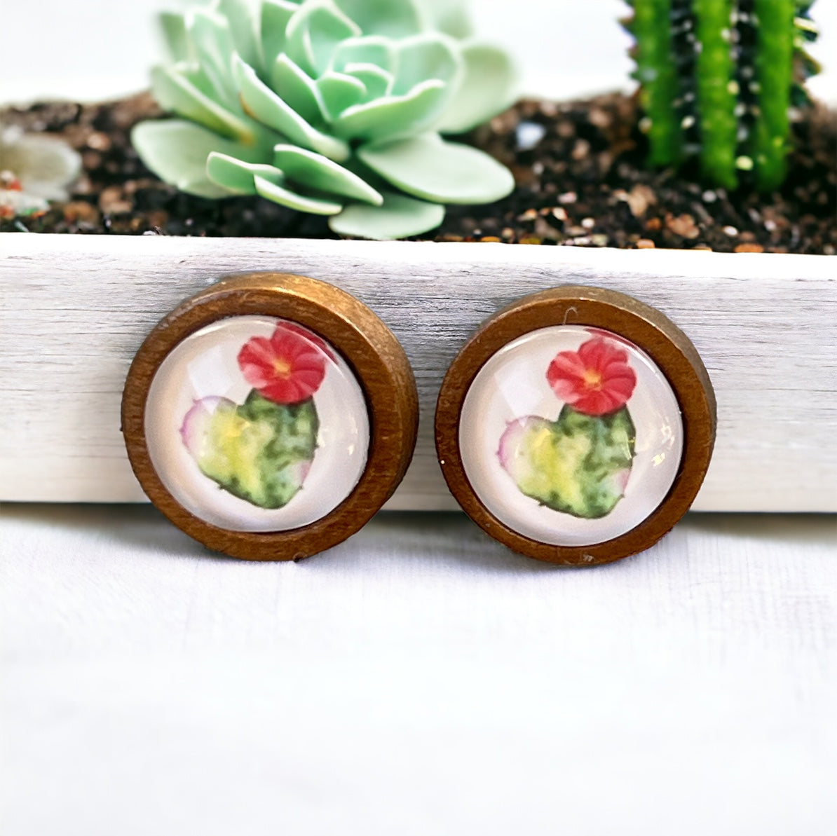Cactus Bloom Stud Earrings – Wooden Desert-Inspired Jewelry