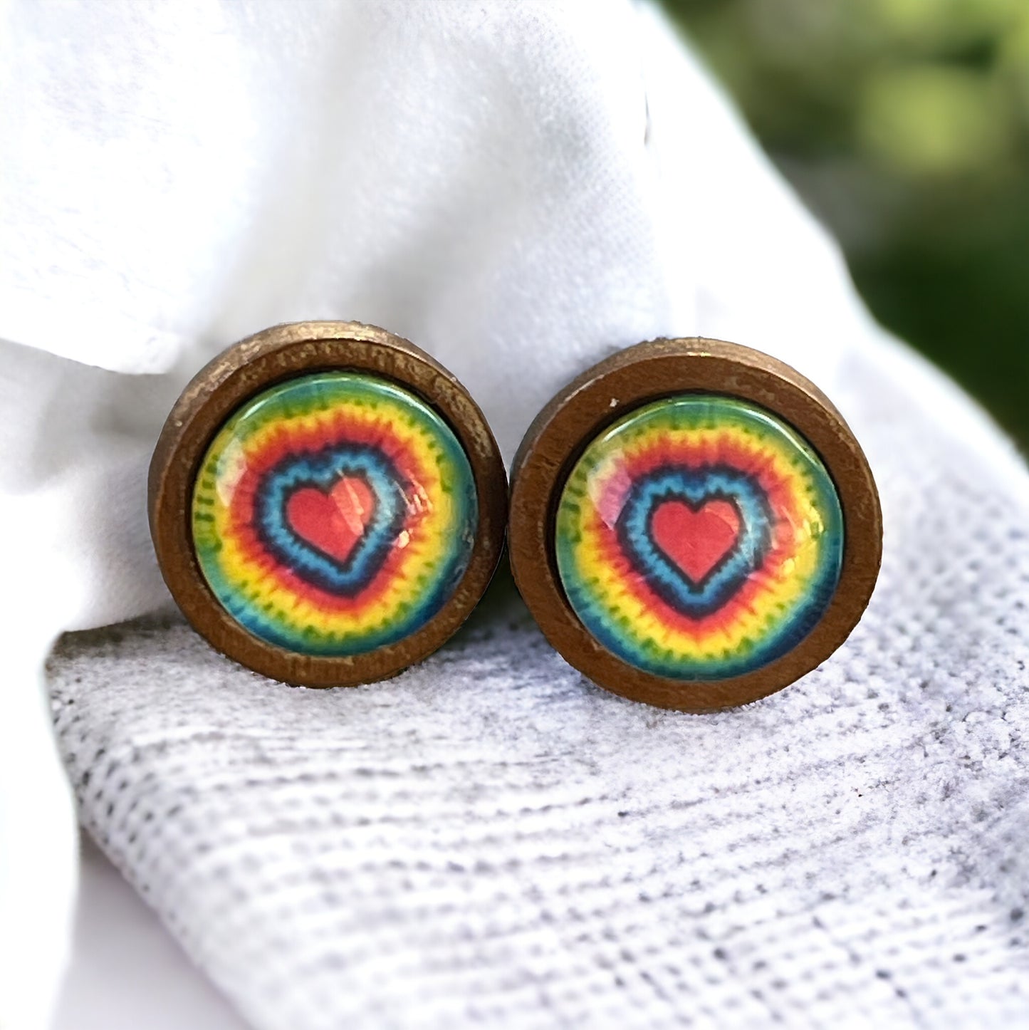 Rainbow Tie-Dye Heart Stud Earrings – Retro Wooden Jewelry