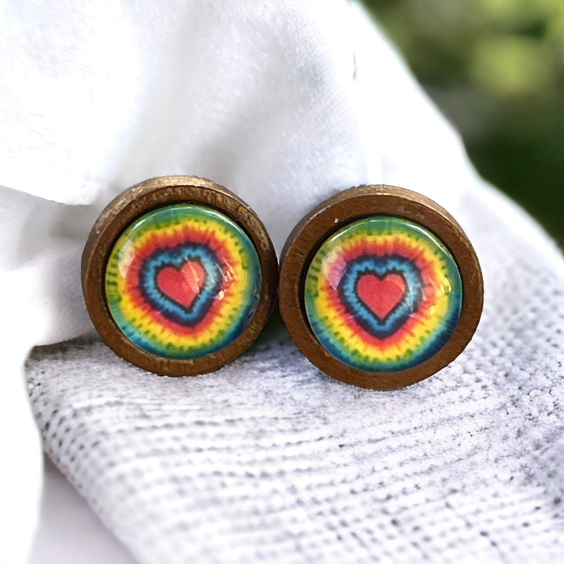 Rainbow Tie-Dye Heart Stud Earrings – Retro Wooden Jewelry