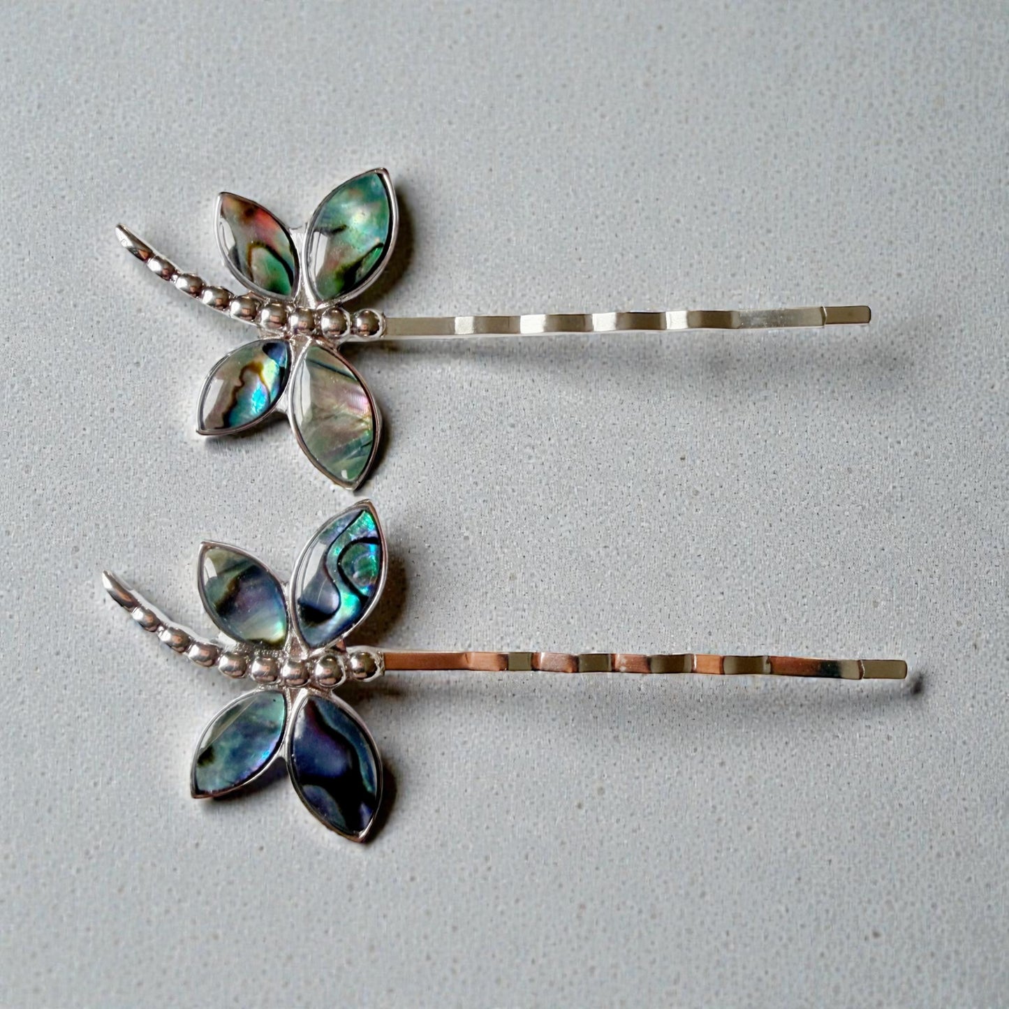 Abalone & Silver Dragonfly Hair Pin Set – Natural Shell Bobby Pins for Women